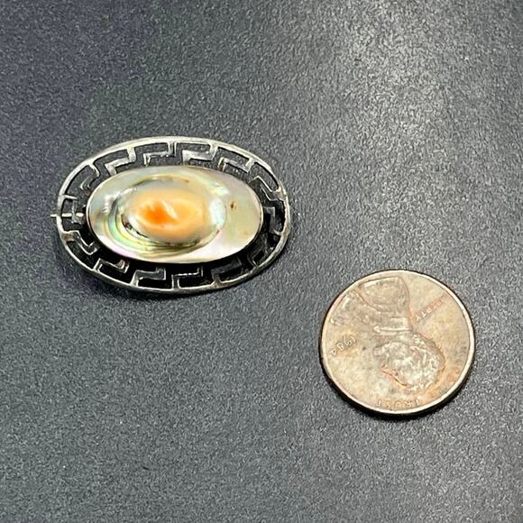 Vintage Sterling Silver Abalone Shell Brooch Pin Antique Greek Key Border - Picture 5 of 10